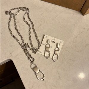 CAbi Brushed Metal Silver STIRRUP EARRINGS + matching necklace